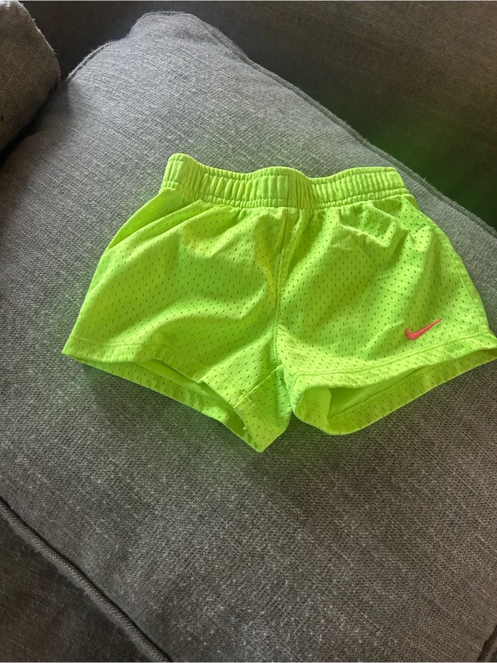 Nike Bright Neon Green Girls Athletic Shorts with Pink Swoosh